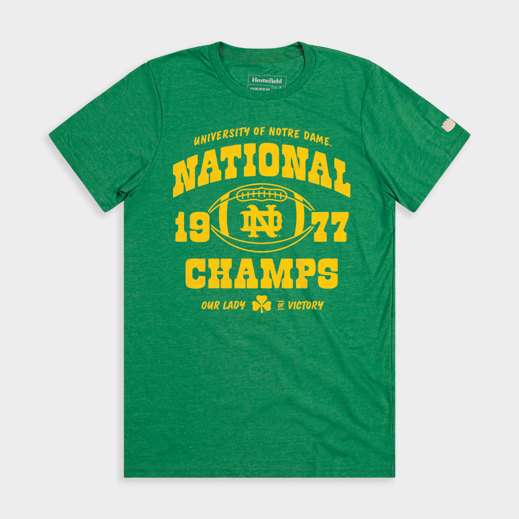 Champion Notre Dame Football 1977 Green Jersey Tee - Celebrate the Glory!