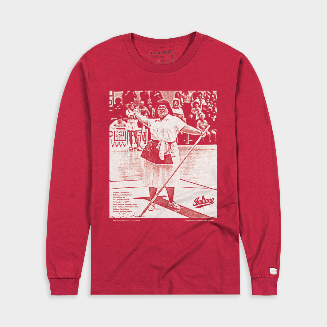 IU Martha the Mop Lady Retro Long Sleeve Shirt - A Tribute to Basketball Tradition