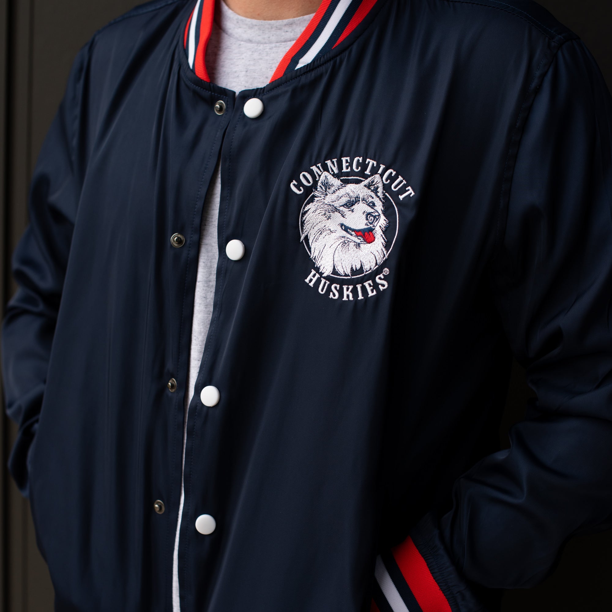 UConn Vintage-Inspired Bubble Script Bomber Jacket