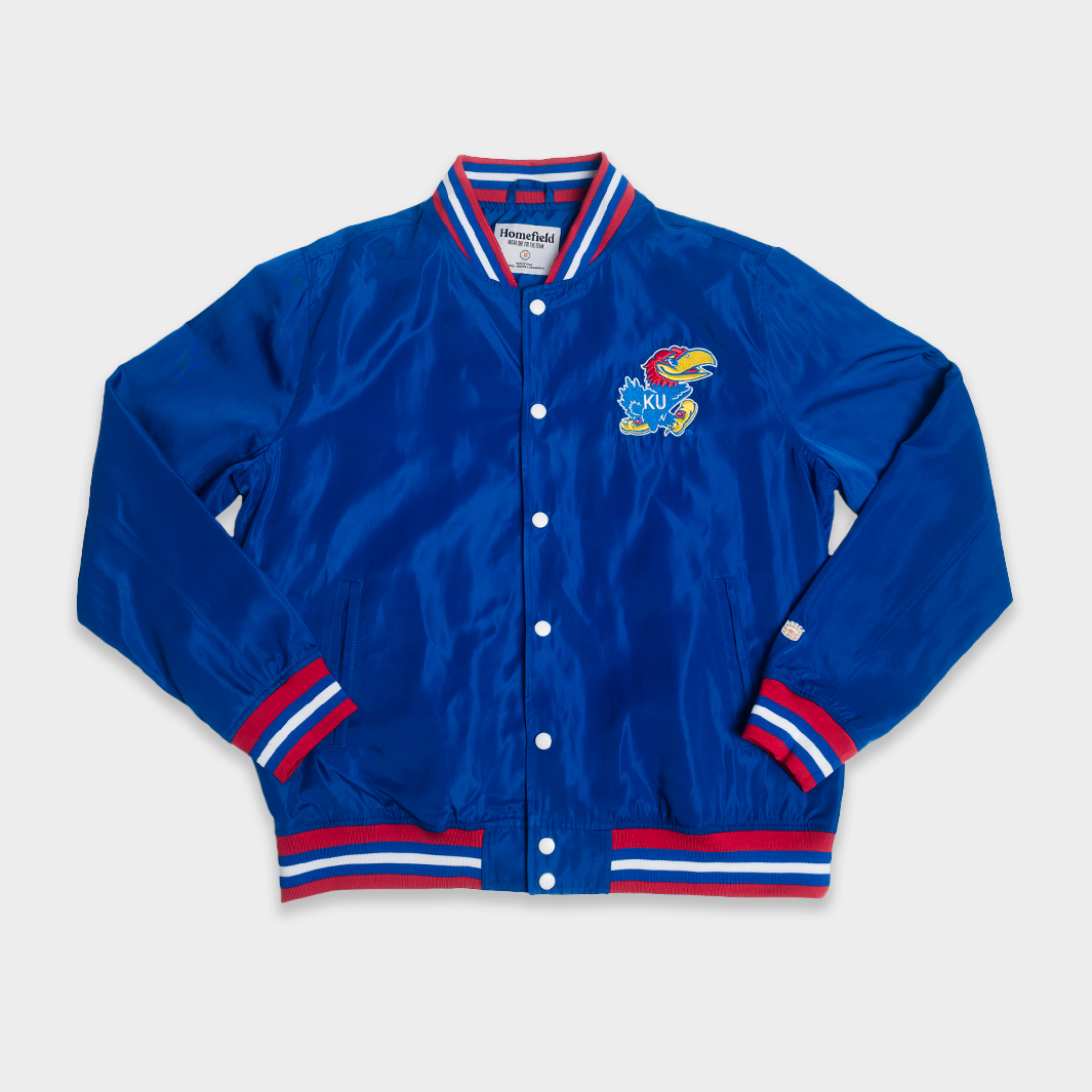 Show Your Jayhawks Pride with the Kansas Jayhawks Retro Circus Font Bomber Jacket