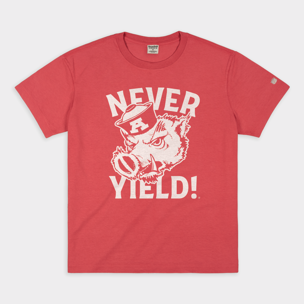 Arkansas Football Retro Never Yield Vintage Heavyweight Tee